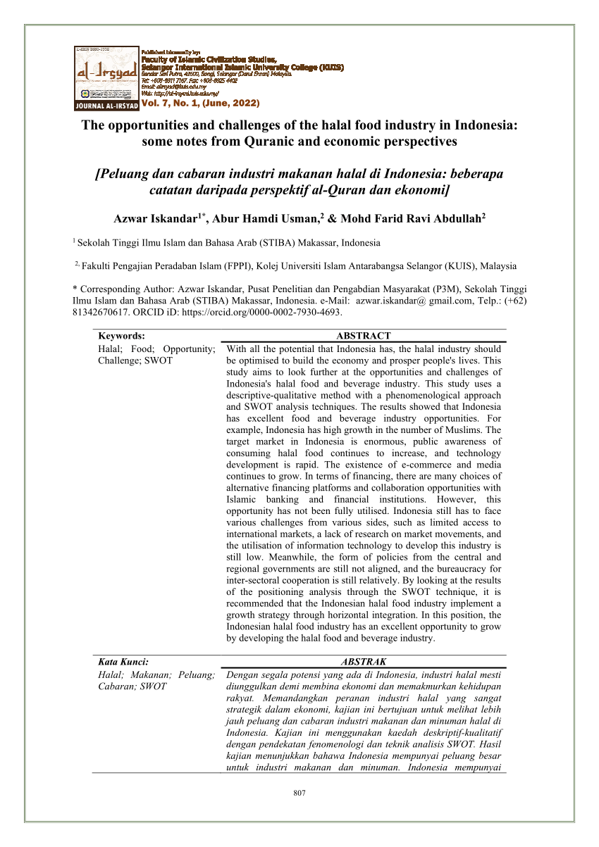 (PDF) The opportunities and challenges of the halal food industry in