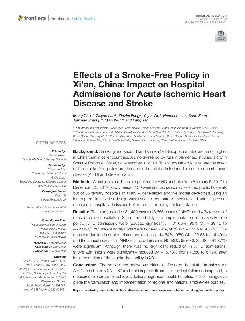 PDF) Effects of a Smoke-Free Policy in Xi'an, China: Impact on 