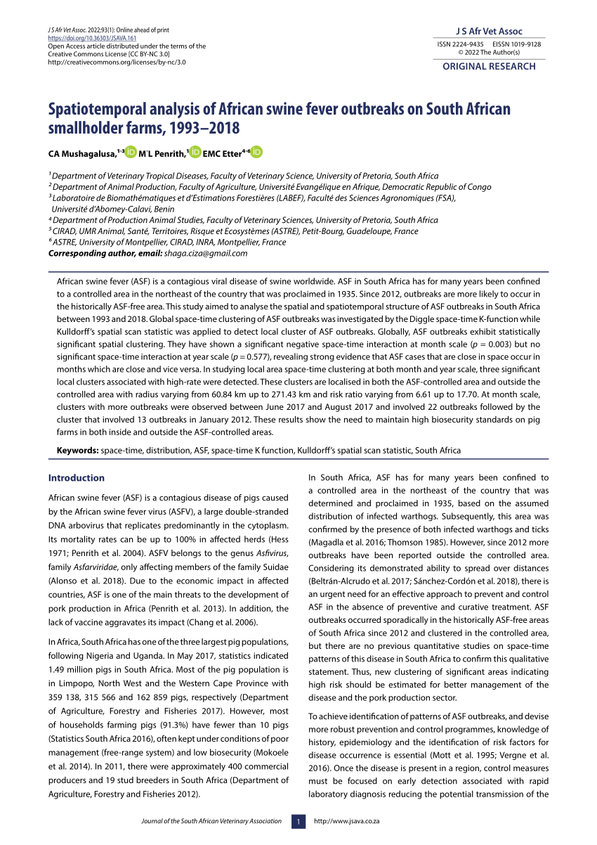 Pdf Spatiotemporal Analysis Of African Swine Fever Outbreaks On South African Smallholder Farms 1993 To 18