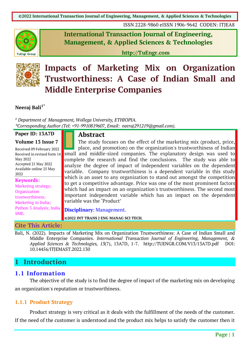 PDF) Impacts of Marketing Mix on Organization Trustworthiness: of Indian Small Middle Enterprise Companies