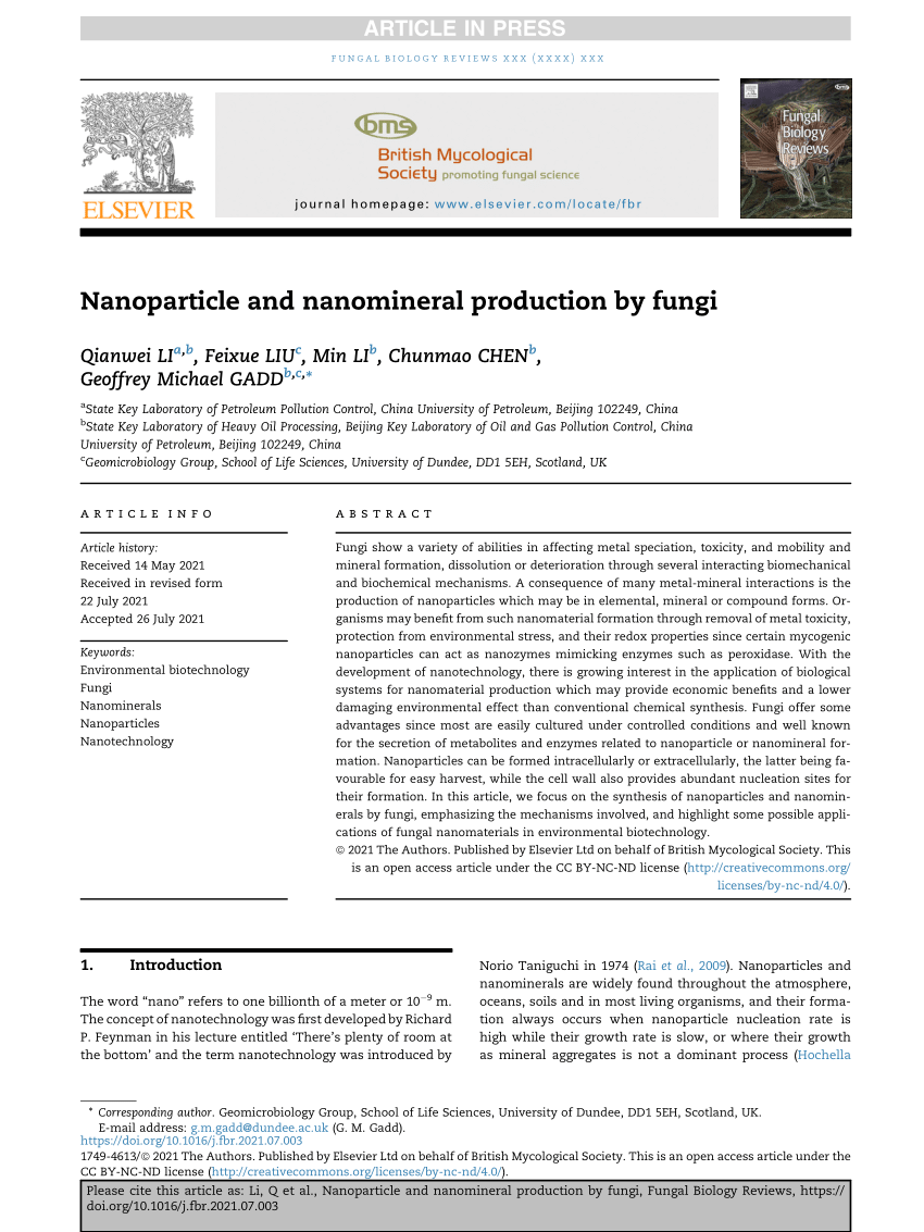 (PDF) Nanoparticle and nanomineral production by fungi