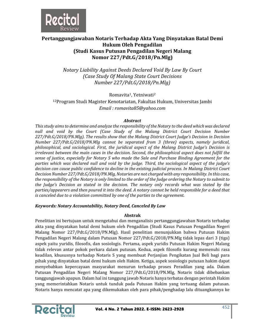 (PDF) Pertanggungjawaban Notaris Terhadap Akta Yang Dinyatakan Batal