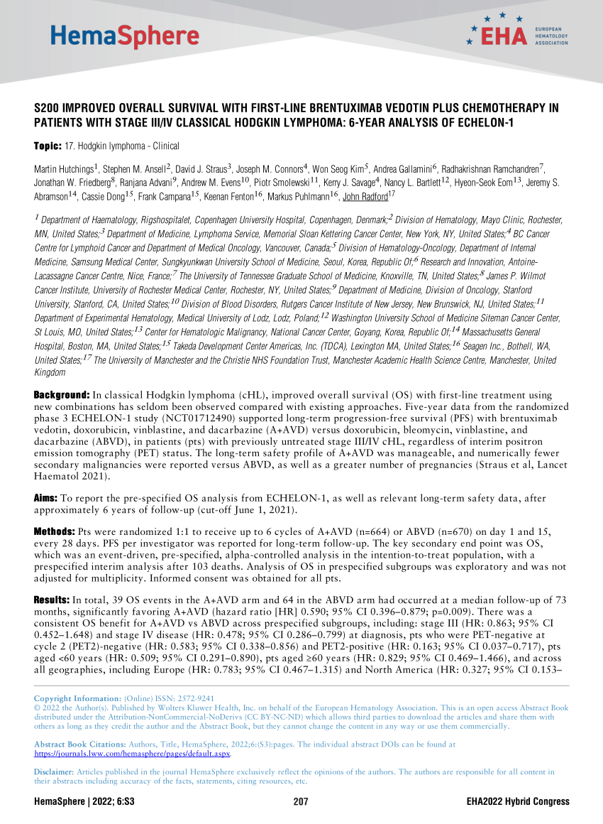 Pdf S200 Improved Overall Survival With First Line Brentuximab Vedotin Plus Chemotherapy In 