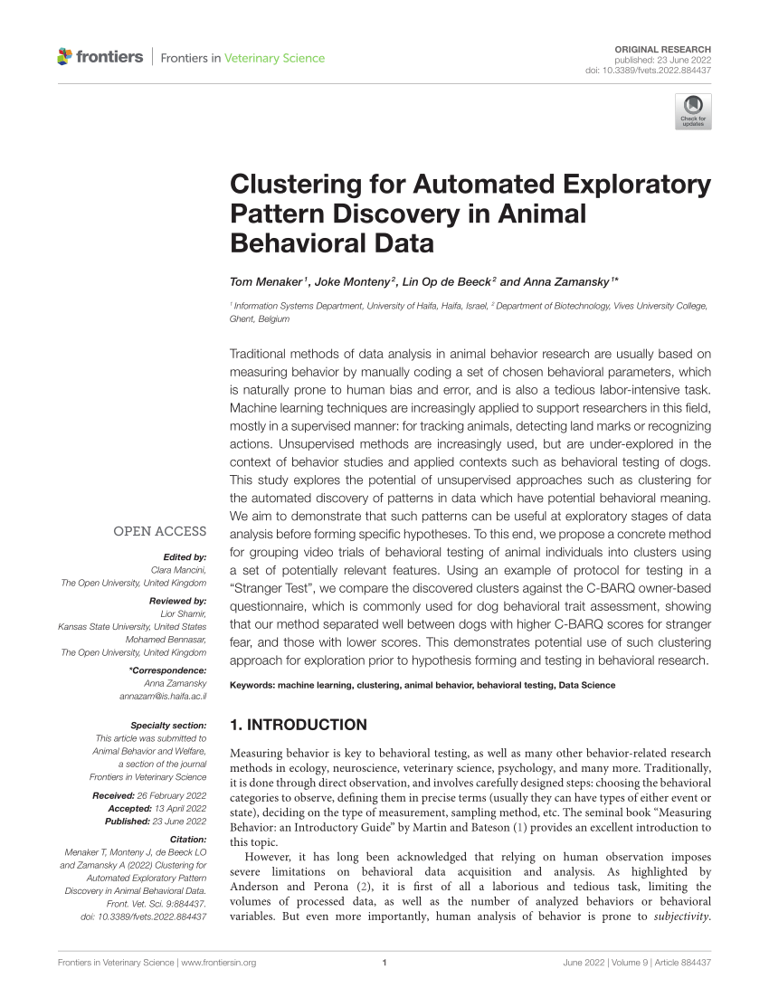 PDF) Clustering for Automated Exploratory Pattern Discovery in Animal  Behavioral Data