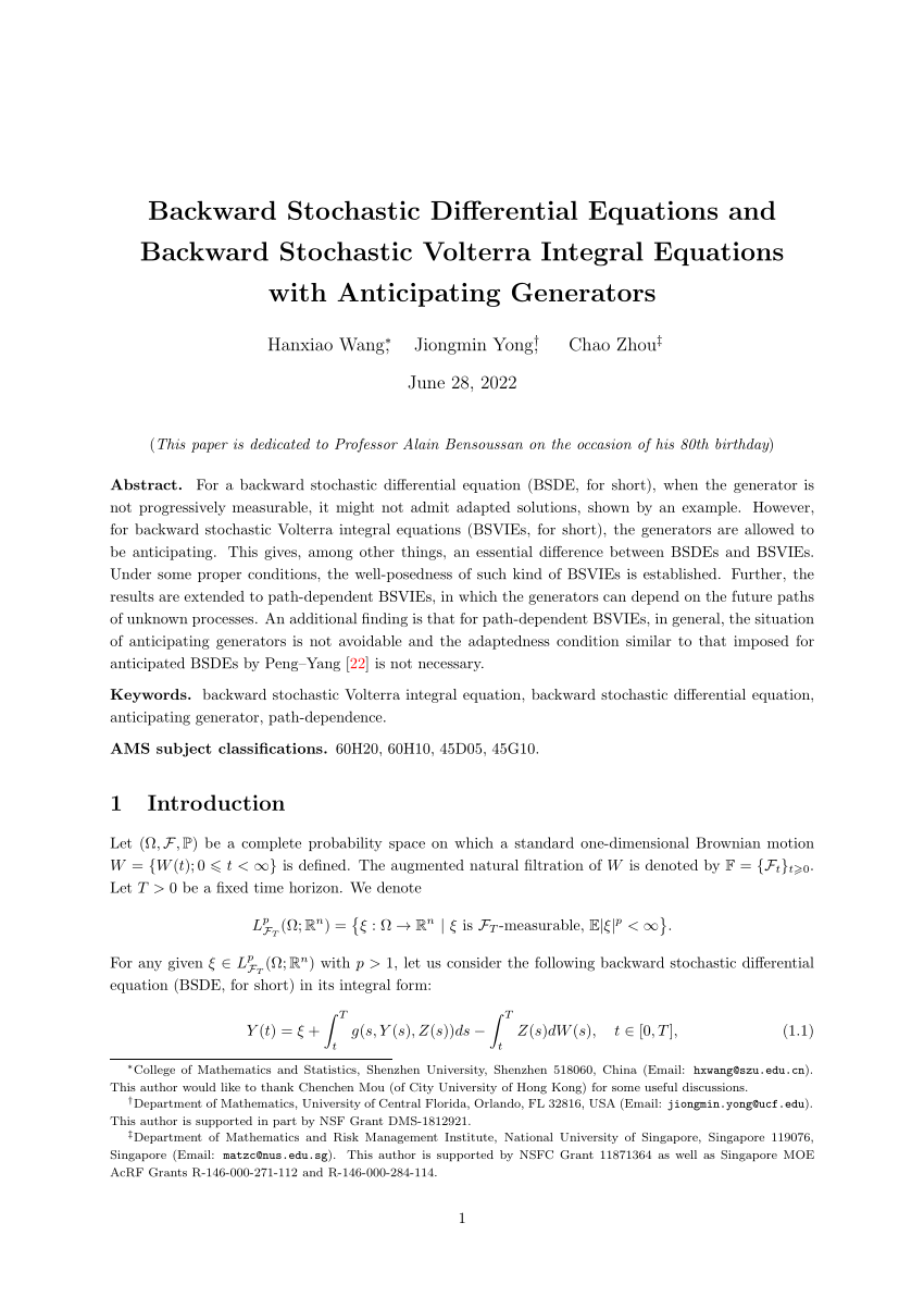 PDF) Backward Stochastic Differential Equations and Backward 