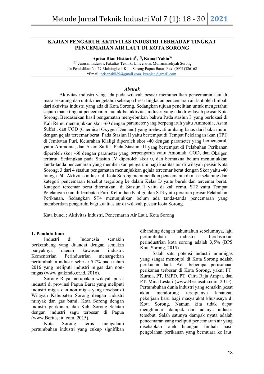 Pdf Kajian Pengaruh Aktivitas Industri Terhadap Tingkat Pencemaran