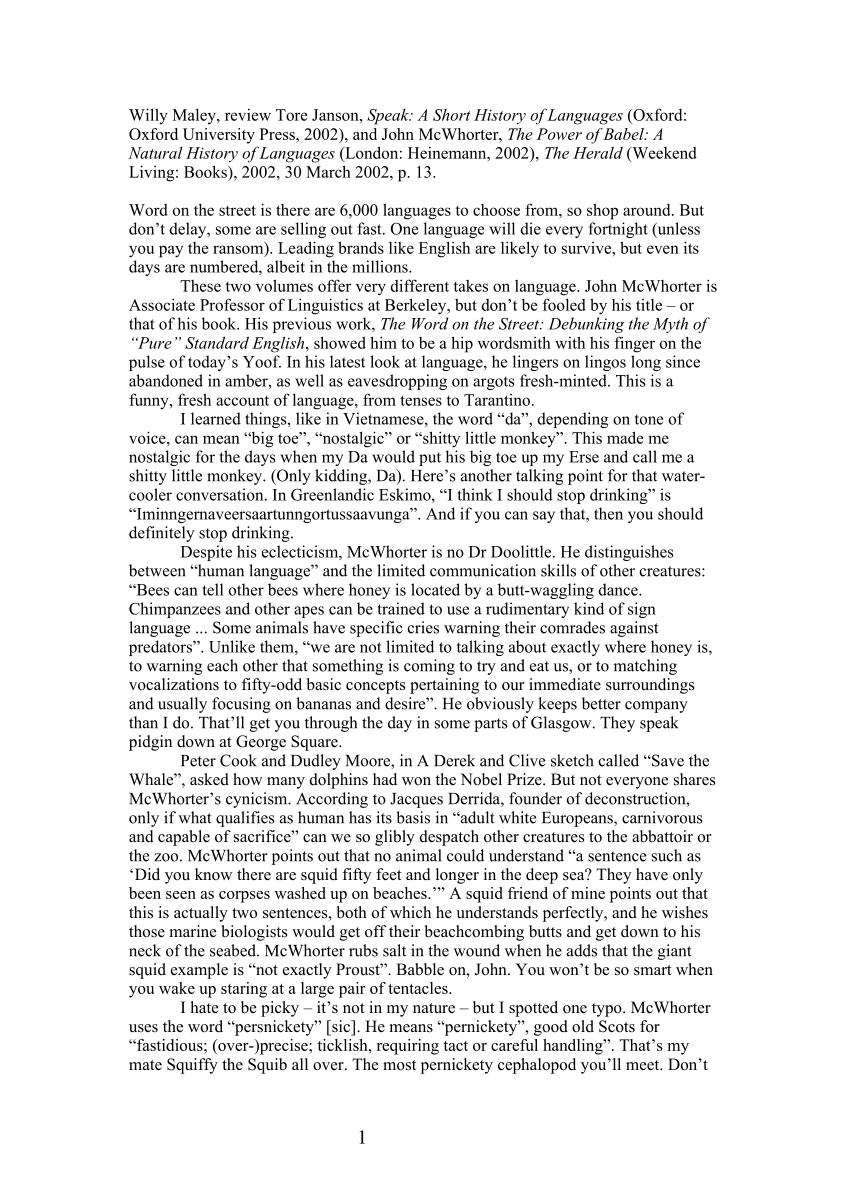 PDF) Willy Maley, review Tore Janson, Speak- A Short History of Languages  and John McWhorter, The Power of Babel- A Natural History of Languages  (2002)