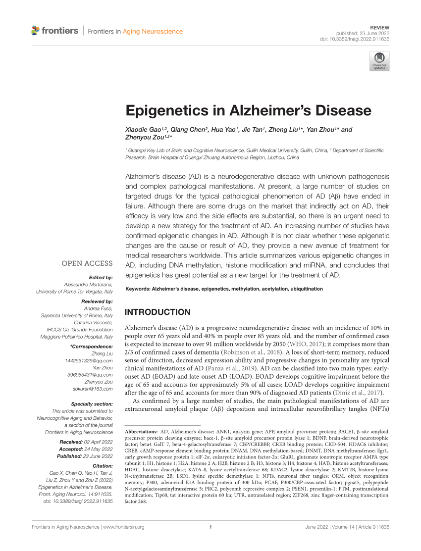 Frontiers  Epigenetics in Alzheimer's Disease