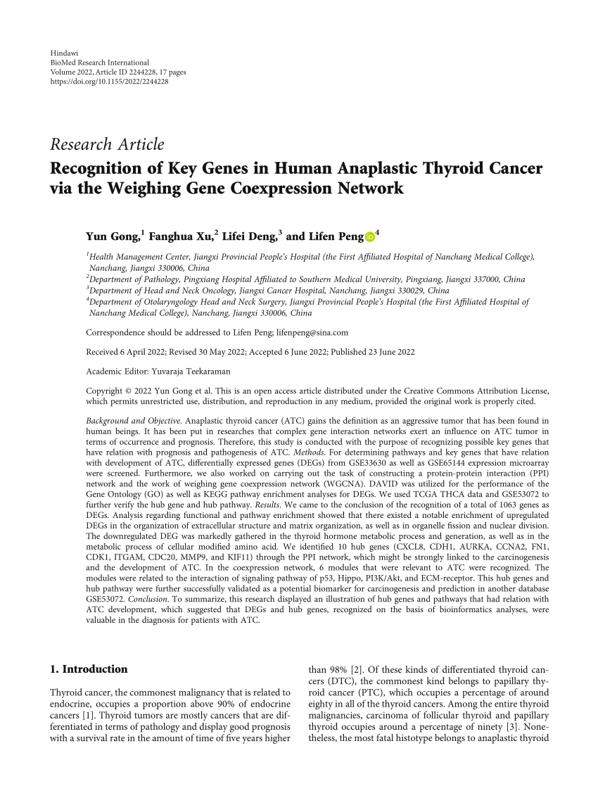 Pdf Recognition Of Key Genes In Human Anaplastic Thyroid Cancer Via The Weighing Gene