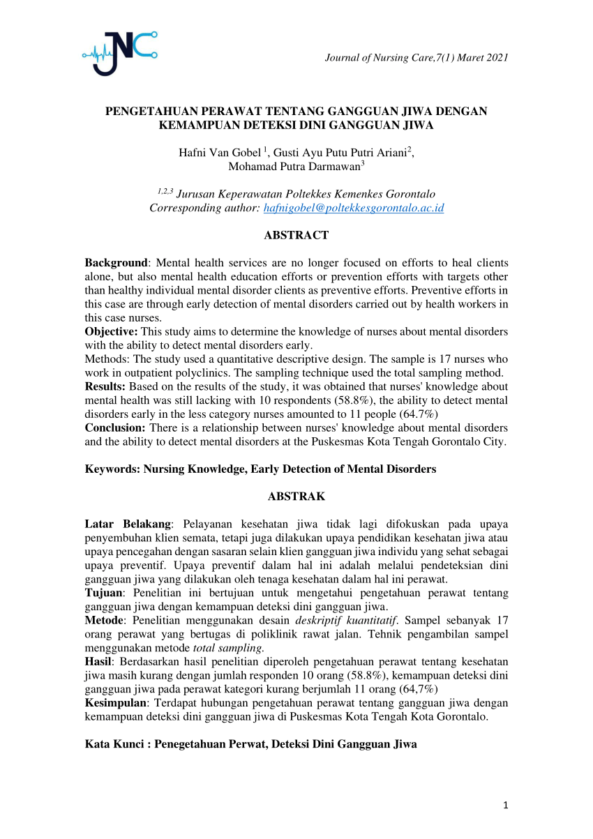 Pdf Pengetahuan Perawat Tentang Gangguan Jiwa Dengan Kemampuan Deteksi Dini Gangguan Jiwa