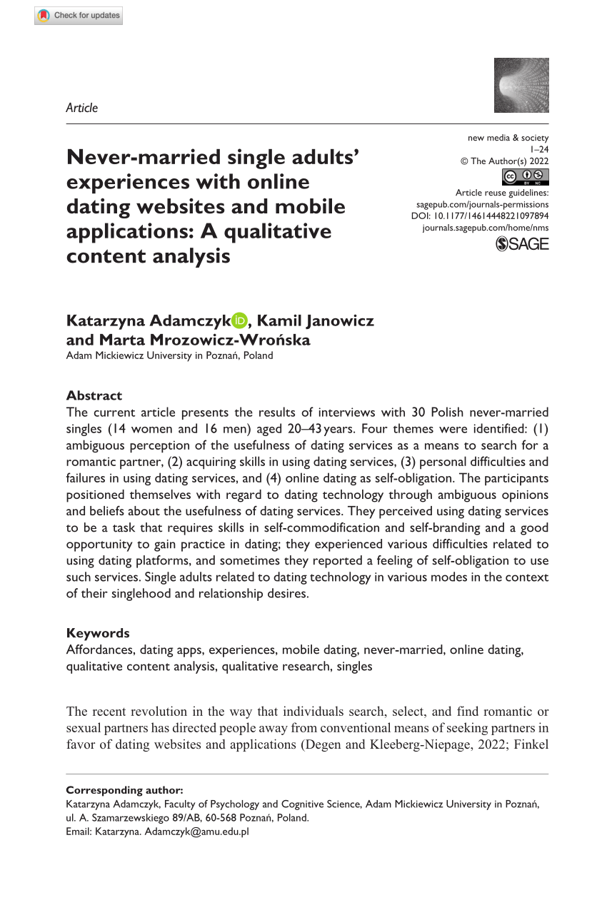 PDF) Never-married single adults experiences with online dating websites and mobile applications A qualitative content analysis