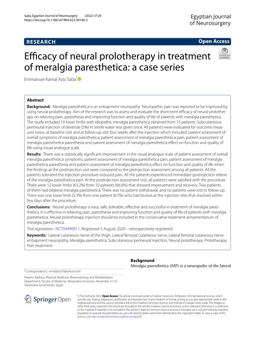 Pdf Efficacy Of Neural Prolotherapy In Treatment Of Meralgia