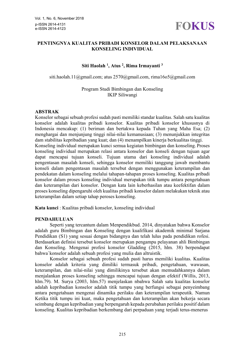 Pdf Pentingnya Kualitas Pribadi Konselor Dalam Pelaksanaan Konseling Individual 5834