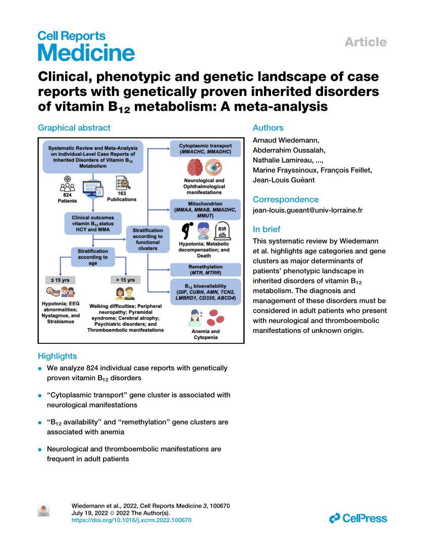 PDF) Clinical, phenotypic and genetic landscape of case reports with  genetically proven inherited disorders of vitamin B12 metabolism: A  meta-analysis