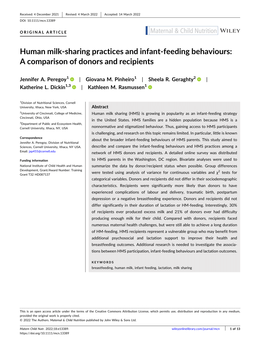 PDF) Human milk‐sharing practices and infant‐feeding behaviours A comparison of donors and recipients