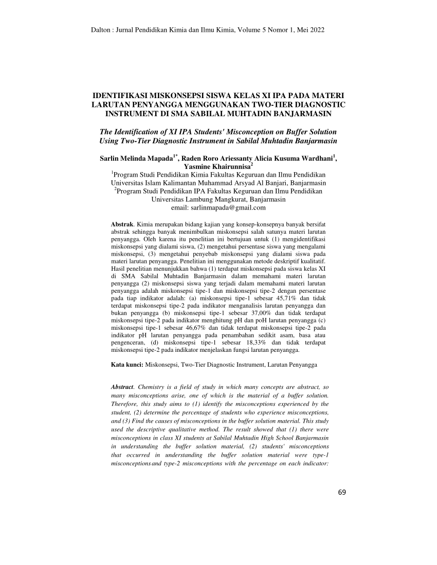 Pdf Identifikasi Miskonsepsi Siswa Kelas Xi Ipa Pada Materi Larutan Penyangga Menggunakan Two 9782