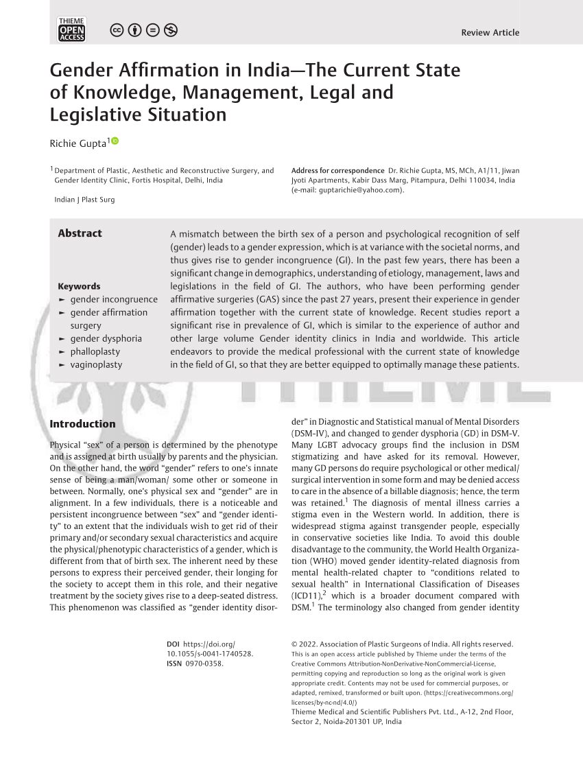 Pdf Gender Affirmation In India—the Current State Of Knowledge Management Legal And 0320