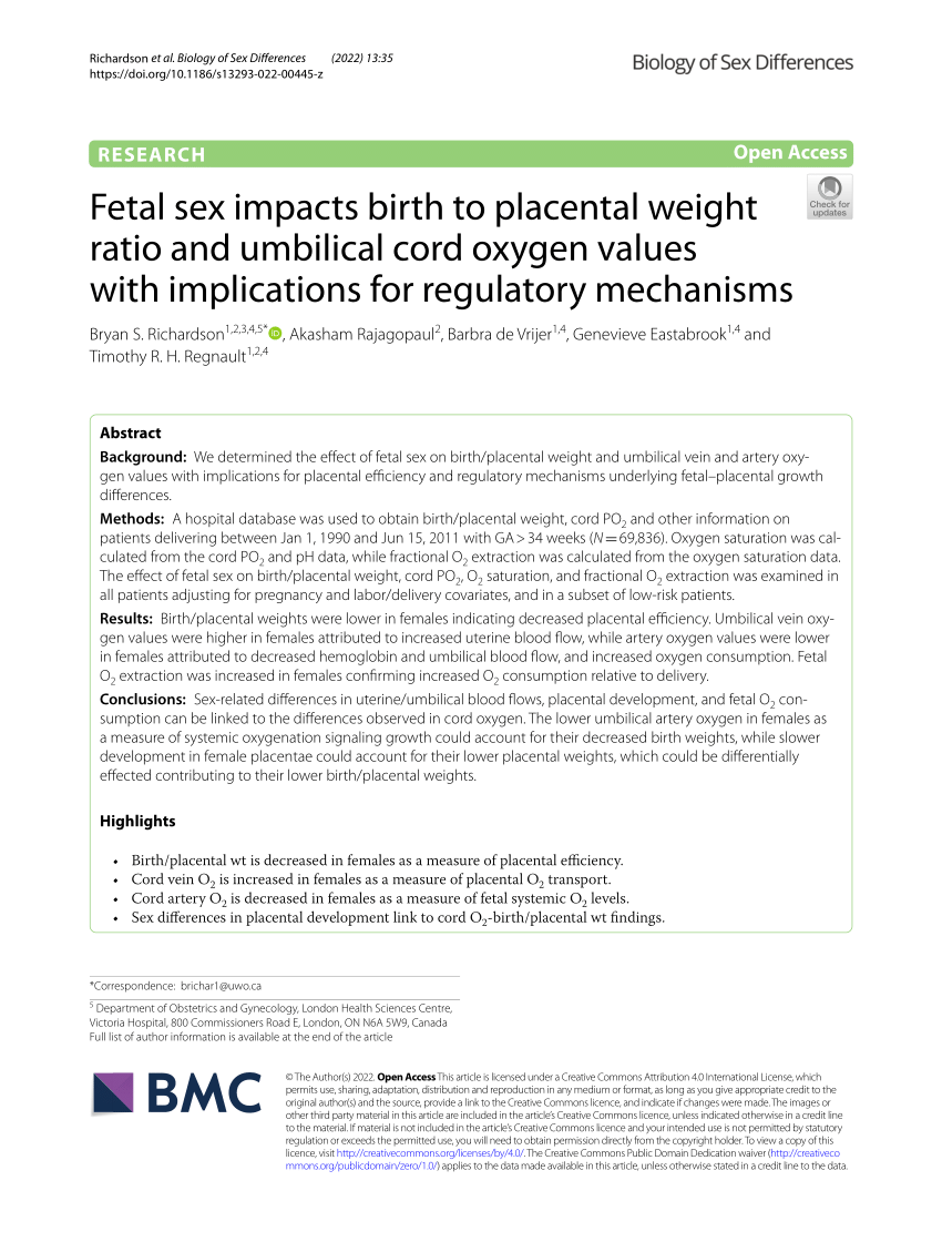 Pdf Fetal Sex Impacts Birth To Placental Weight Ratio And Umbilical Cord Oxygen Values With 4381
