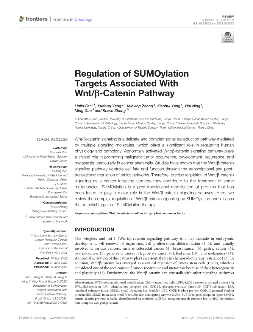 PDF) Regulation of SUMOylation Targets Associated With Wnt/β 