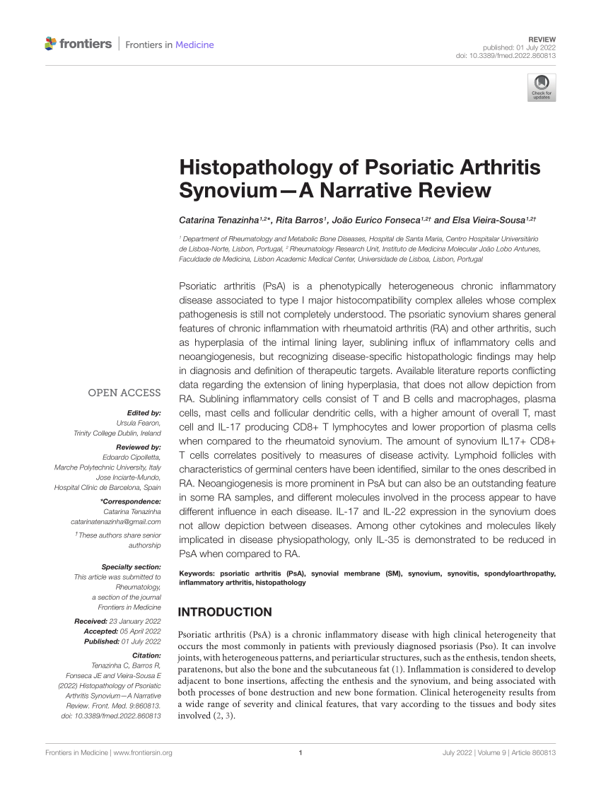 Pdf Histopathology Of Psoriatic Arthritis Synovium—a Narrative Review