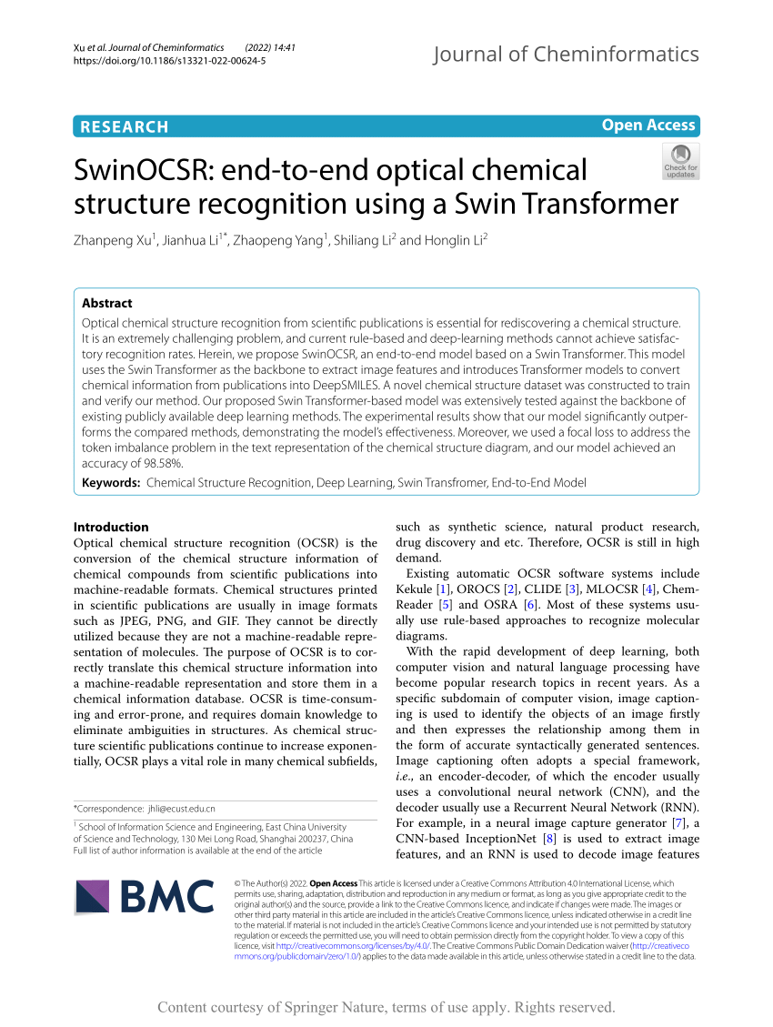 PDF) SwinOCSR: end-to-end optical chemical structure recognition 
