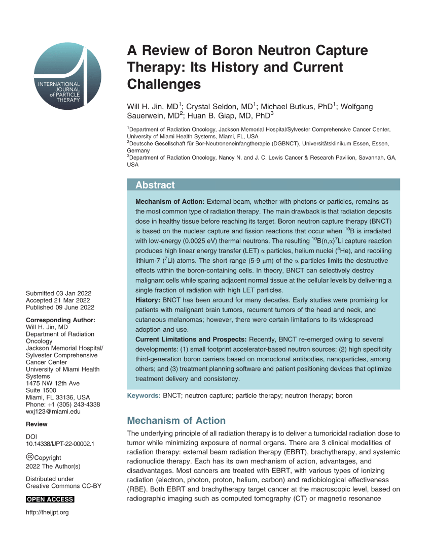 Pdf A Review Of Boron Neutron Capture Therapy Its History And Current Challenges