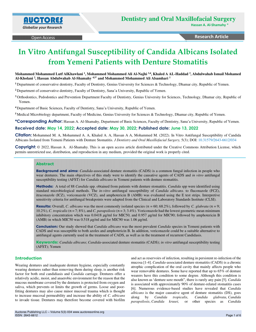 Pdf In Vitro Antifungal Susceptibility Of Candida Albicans Isolated From Yemeni Patients With 