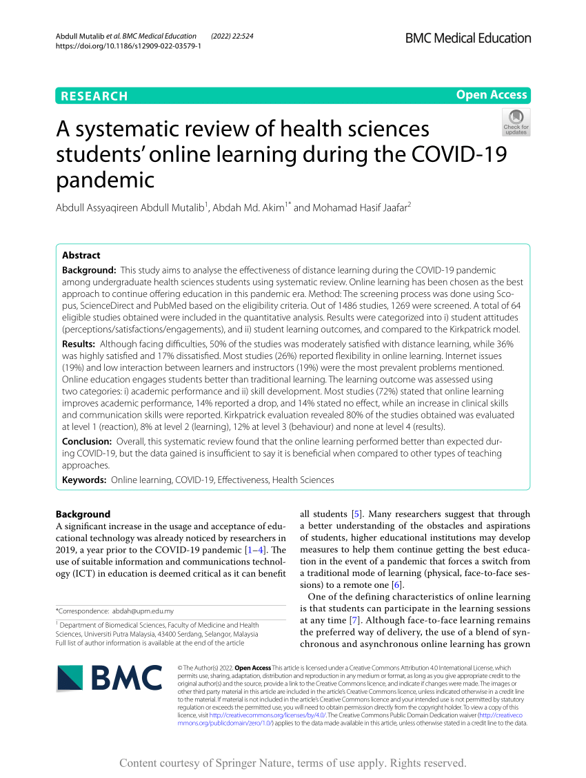 Pdf A Systematic Review Of Health Sciences Students Online Learning During The Covid 19 Pandemic