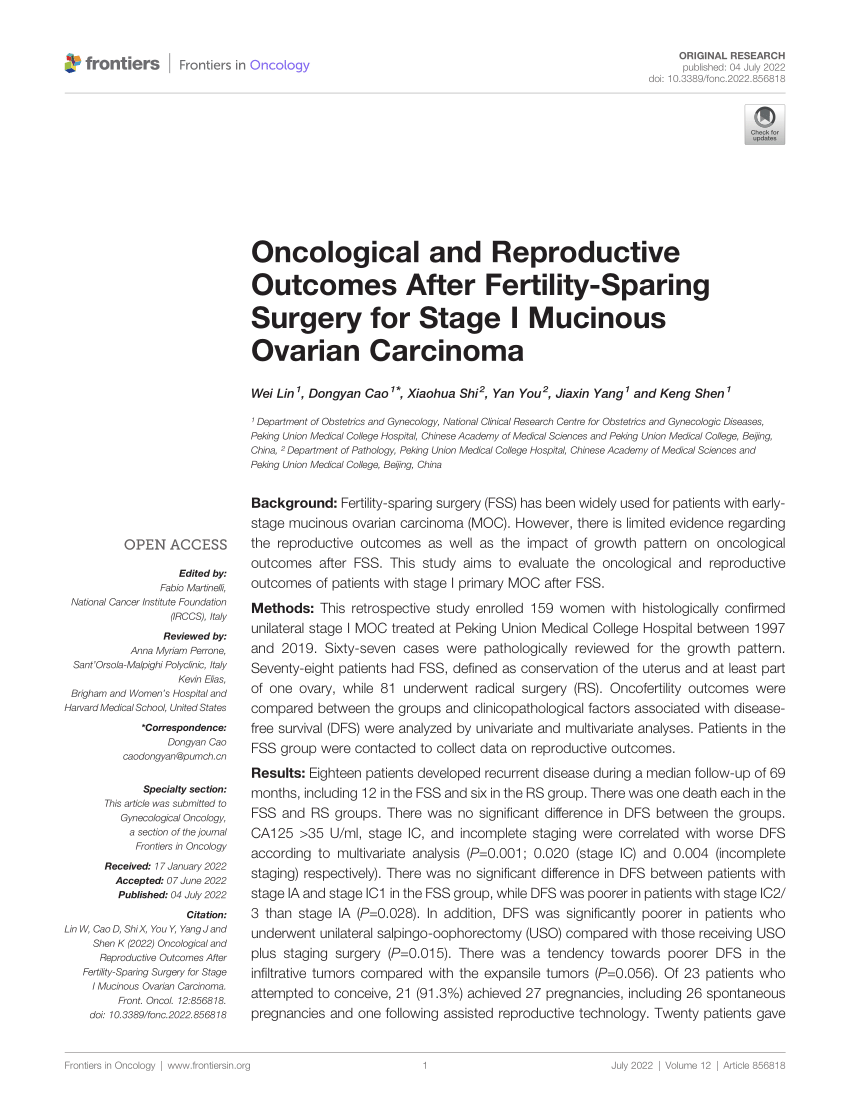 Pdf Oncological And Reproductive Outcomes After Fertility Sparing Surgery For Stage I Mucinous 