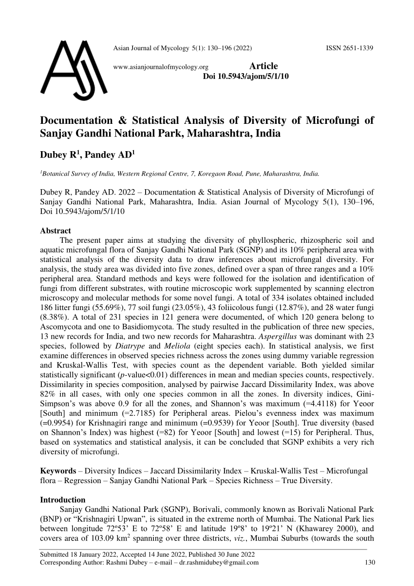 (PDF) Documentation & Statistical Analysis of Diversity of Microfungi