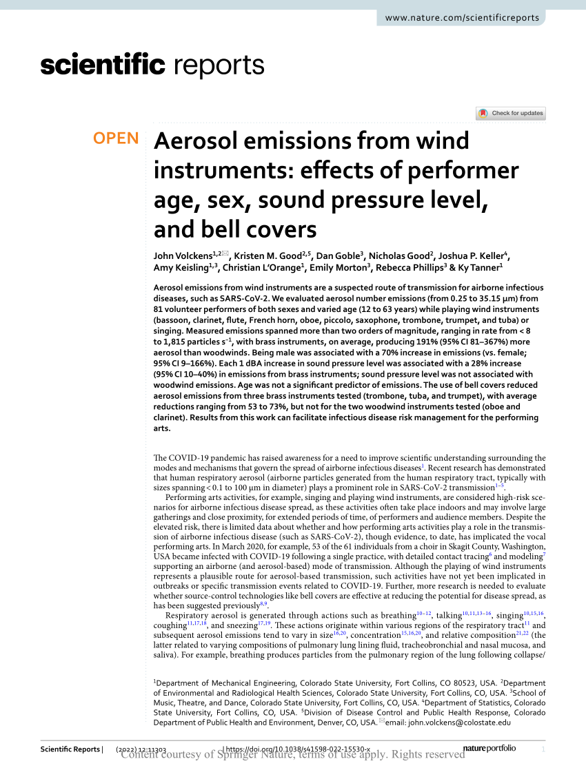 PDF) Aerosol emissions from wind instruments effects of performer age, sex, sound pressure level, and bell covers