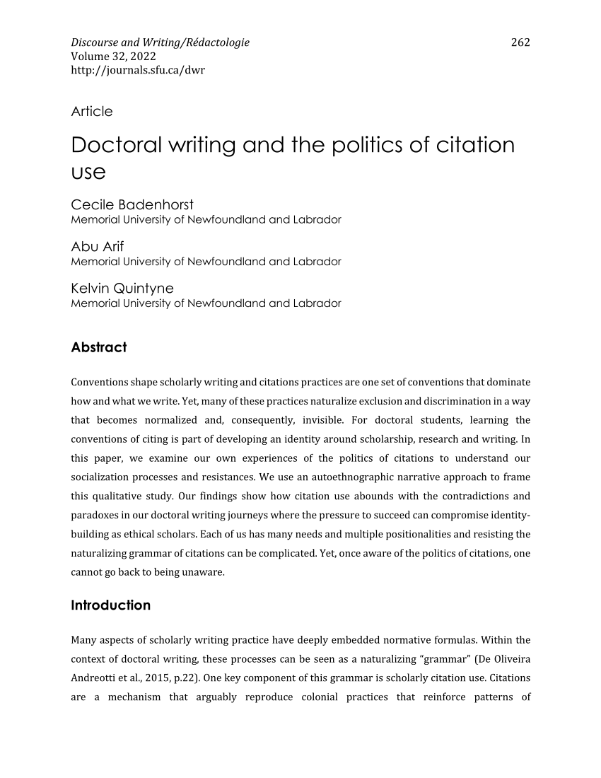 Pdf Doctoral Writing And The Politics Of Citation Use