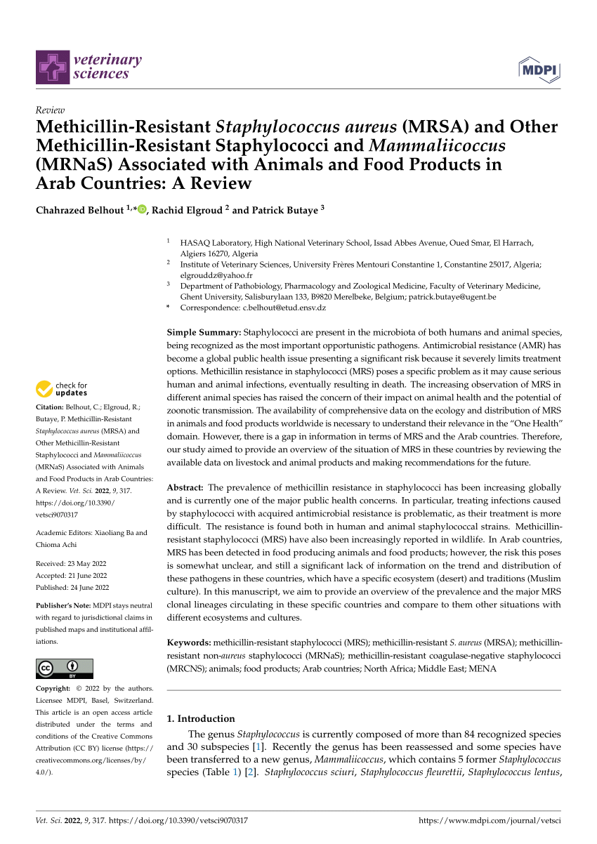 PDF) Methicillin-Resistant Staphylococcus aureus (MRSA) and Other  Methicillin-Resistant Staphylococci and Mammaliicoccus (MRNaS) Associated  with Animals and Food Products in Arab Countries: A Review