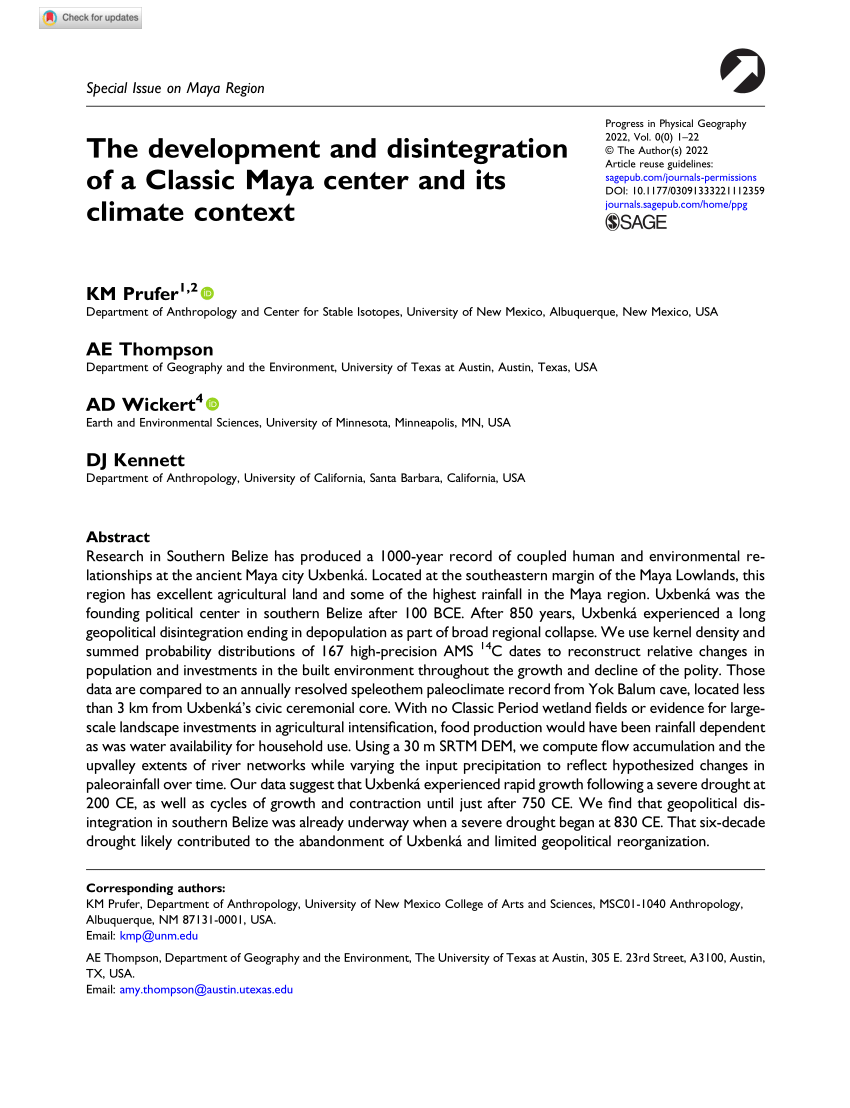 The development and disintegration of a Classic Maya center and its climate  context - KM Prufer, AE Thompson, AD Wickert, DJ Kennett, 2023