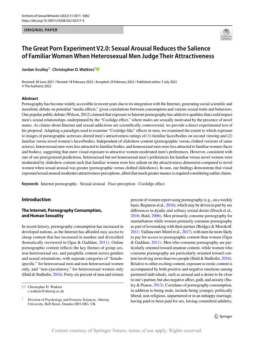 PDF) The Great Porn Experiment V2.0 Sexual Arousal Reduces the Salience of Familiar Women When Heterosexual Men Judge Their Attractiveness picture