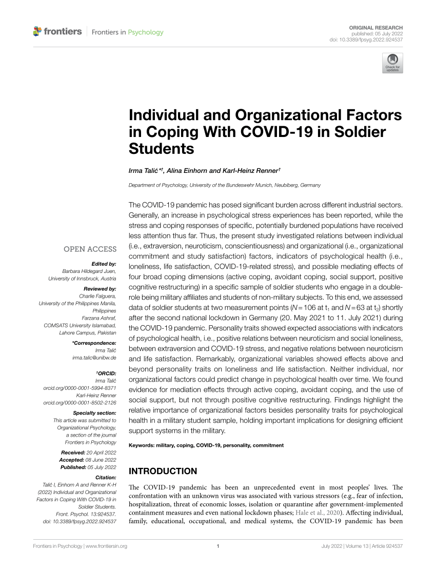 PDF) Individual and Organizational Factors in Coping With COVID-19