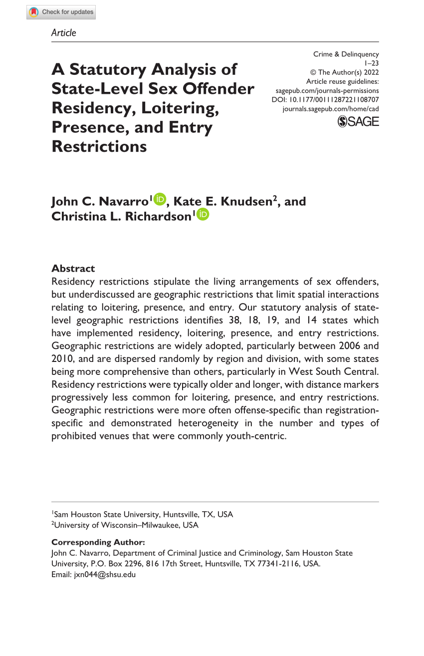 Pdf A Statutory Analysis Of State Level Sex Offender Residency