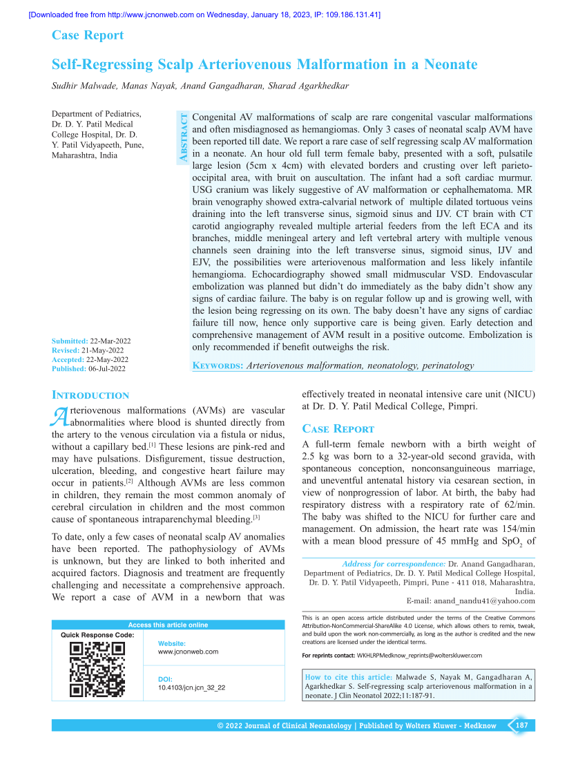 (PDF) Self-regressing scalp arteriovenous malformation in a neonate