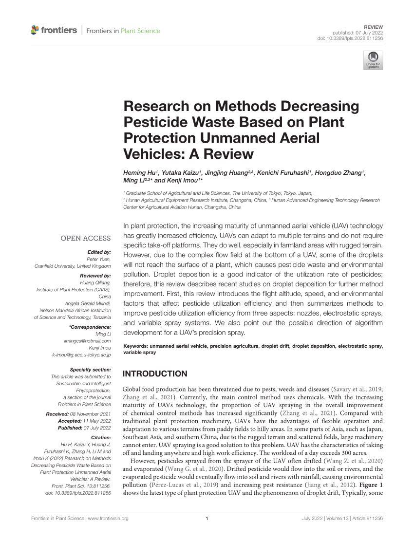 Frontiers  Research on Methods Decreasing Pesticide Waste Based on Plant  Protection Unmanned Aerial Vehicles: A Review