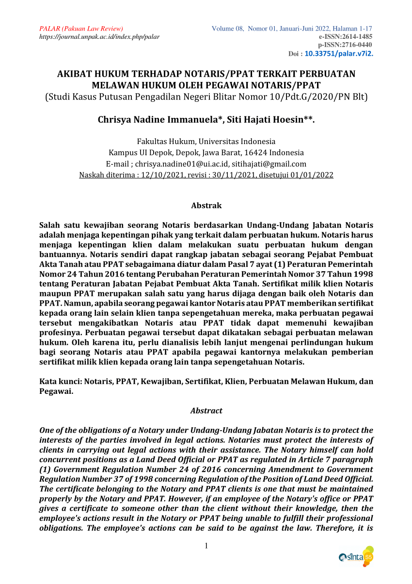 (PDF) AKIBAT HUKUM TERHADAP NOTARIS/PPAT TERKAIT PERBUATAN MELAWAN