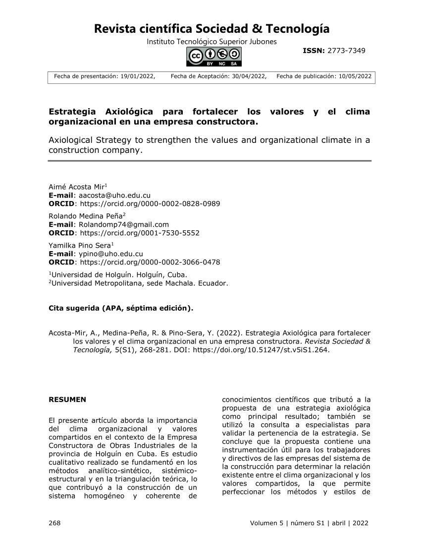 Pdf Estrategia Axiológica Para Fortalecer Los Valores Y El Clima Organizacional En Una Empresa 3421