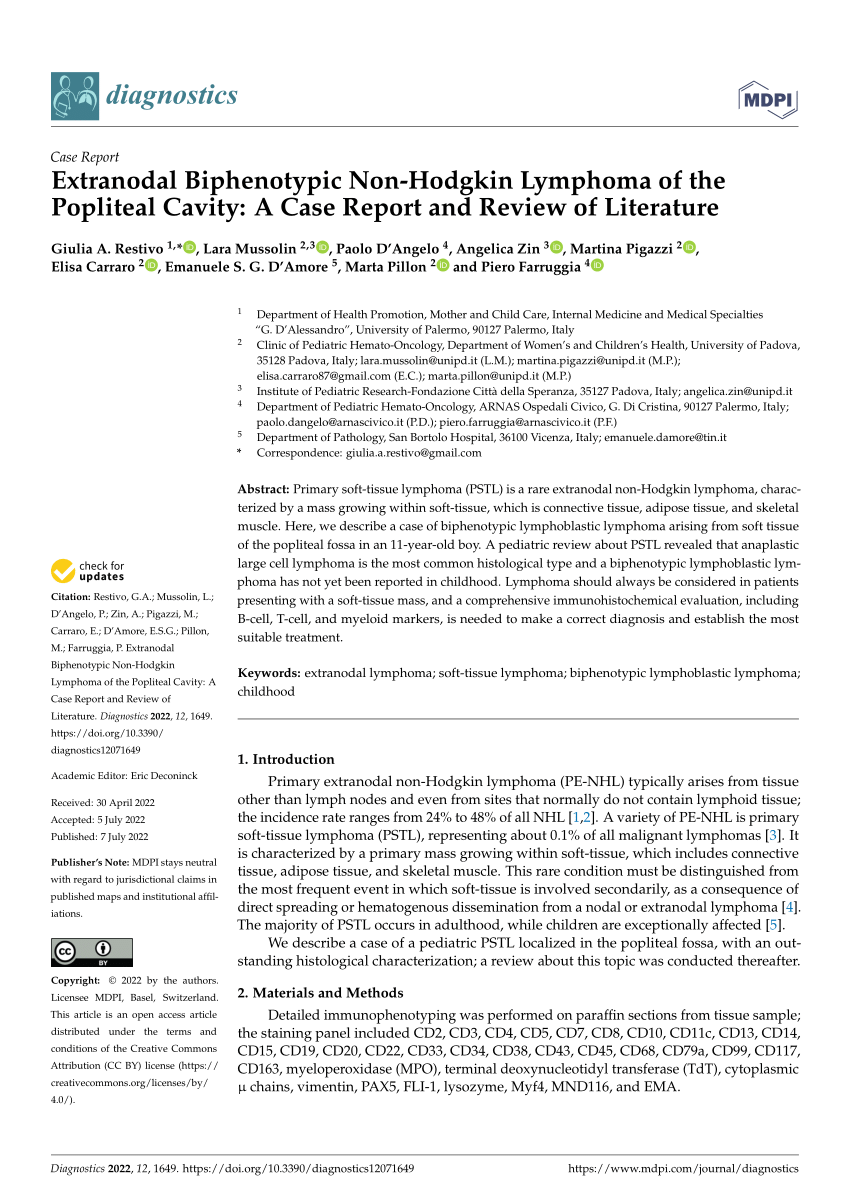 Pdf Extranodal Biphenotypic Non Hodgkin Lymphoma Of The Popliteal Cavity A Case Report And 