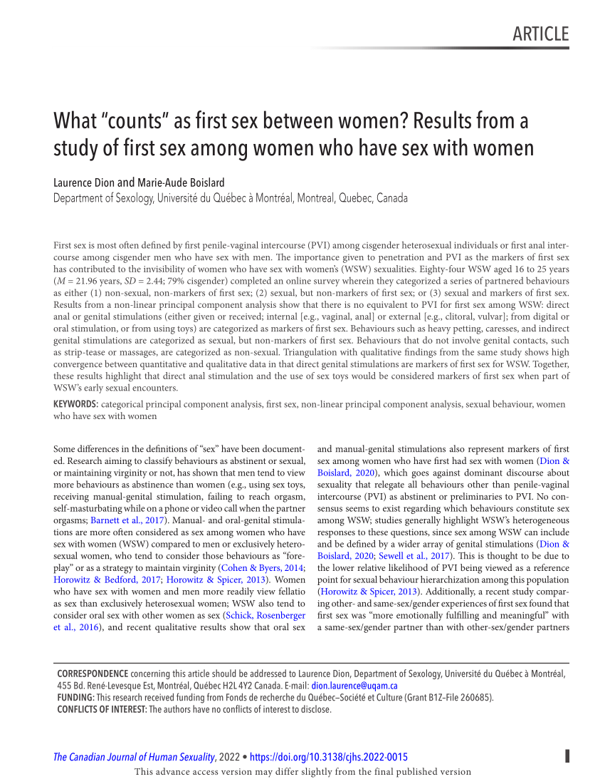 PDF) What “Counts” as first sex between women? Results from a study of  first sex among women who have sex with women