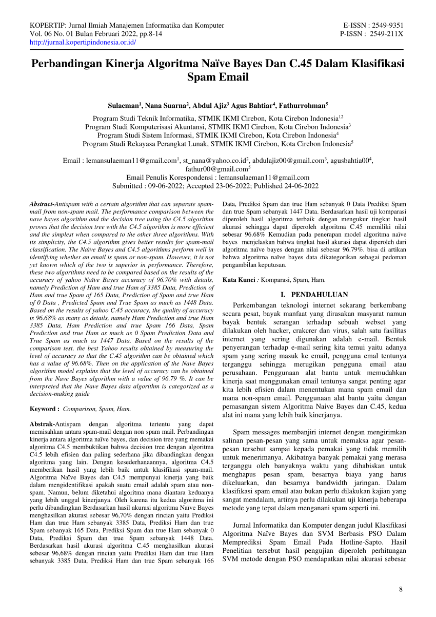 PDF Perbandingan Kinerja Algoritma Naïve Bayes Dan C Dalam Klasifikasi Spam Email