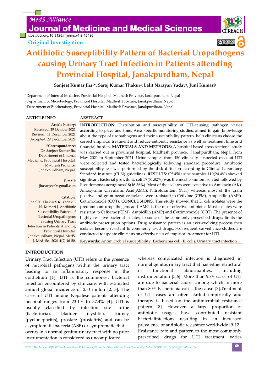 Pdf Antibiotic Susceptibility Pattern Of Bacterial Uropathogens Causing Urinary Tract 0592