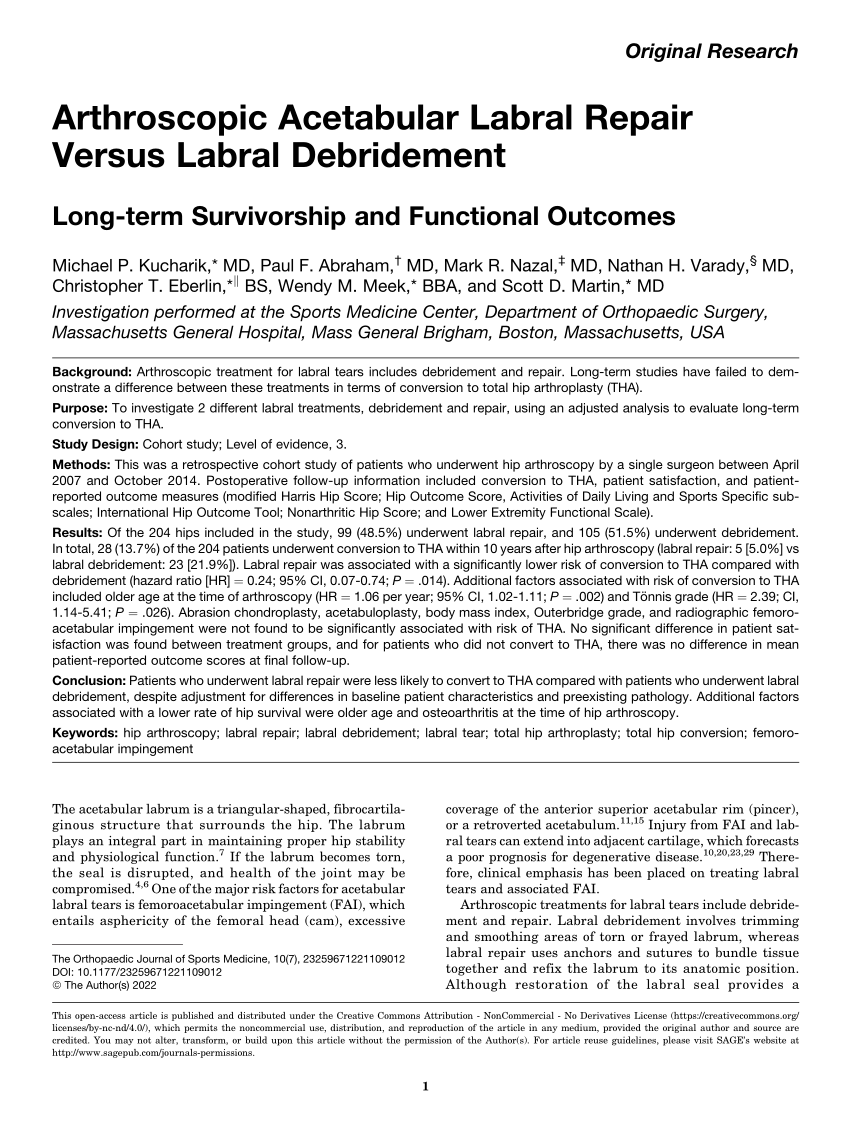 Pdf Arthroscopic Acetabular Labral Repair Versus Labral Debridement