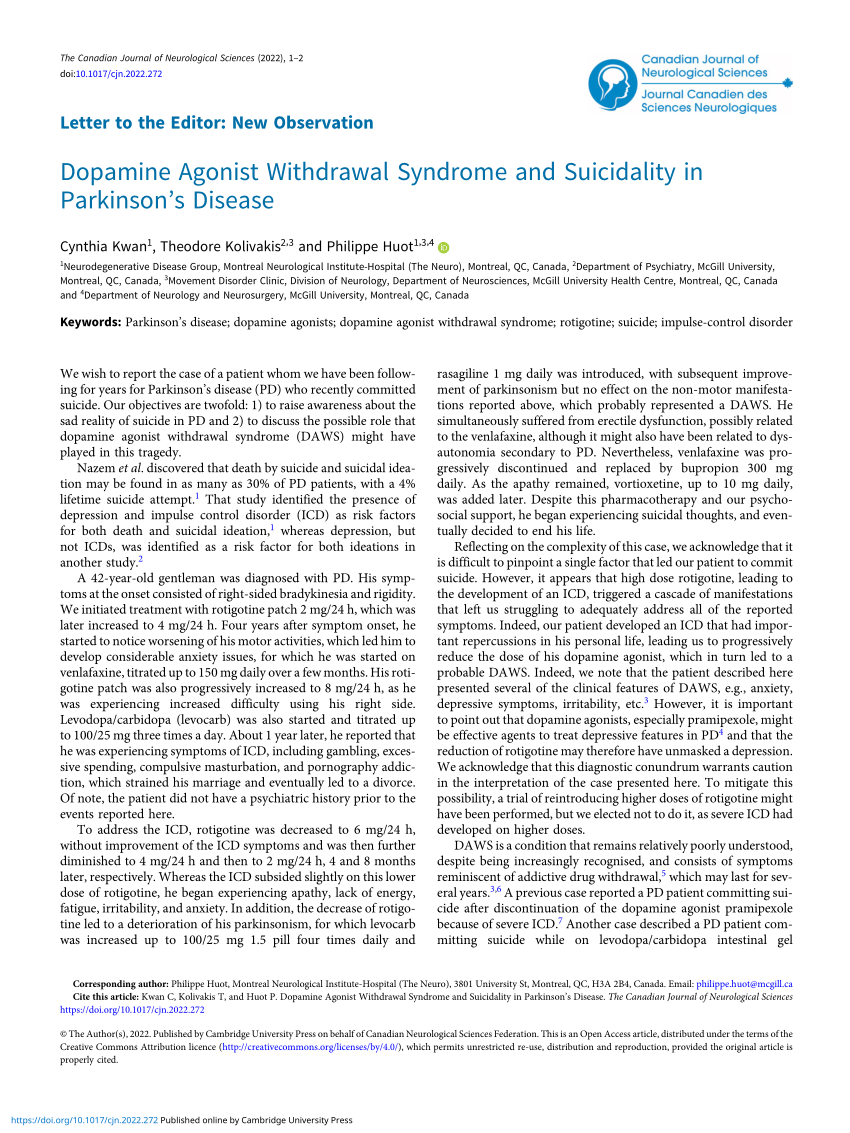 PDF Dopamine Agonist Withdrawal Syndrome and Suicidality in