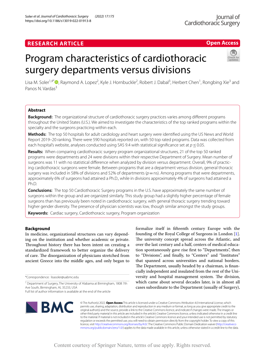 Pdf Program Characteristics Of Cardiothoracic Surgery Departments Versus Divisions 