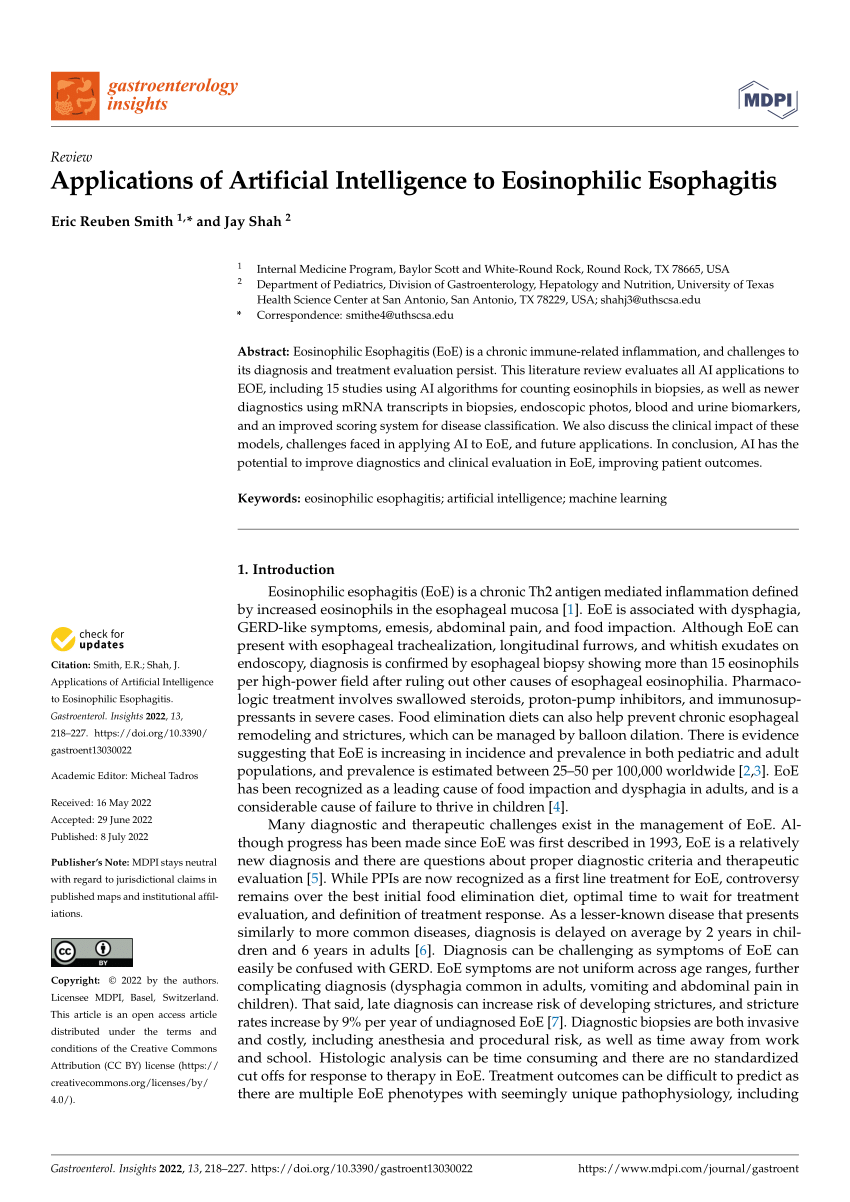 Pdf Applications Of Artificial Intelligence To Eosinophilic Esophagitis 5681