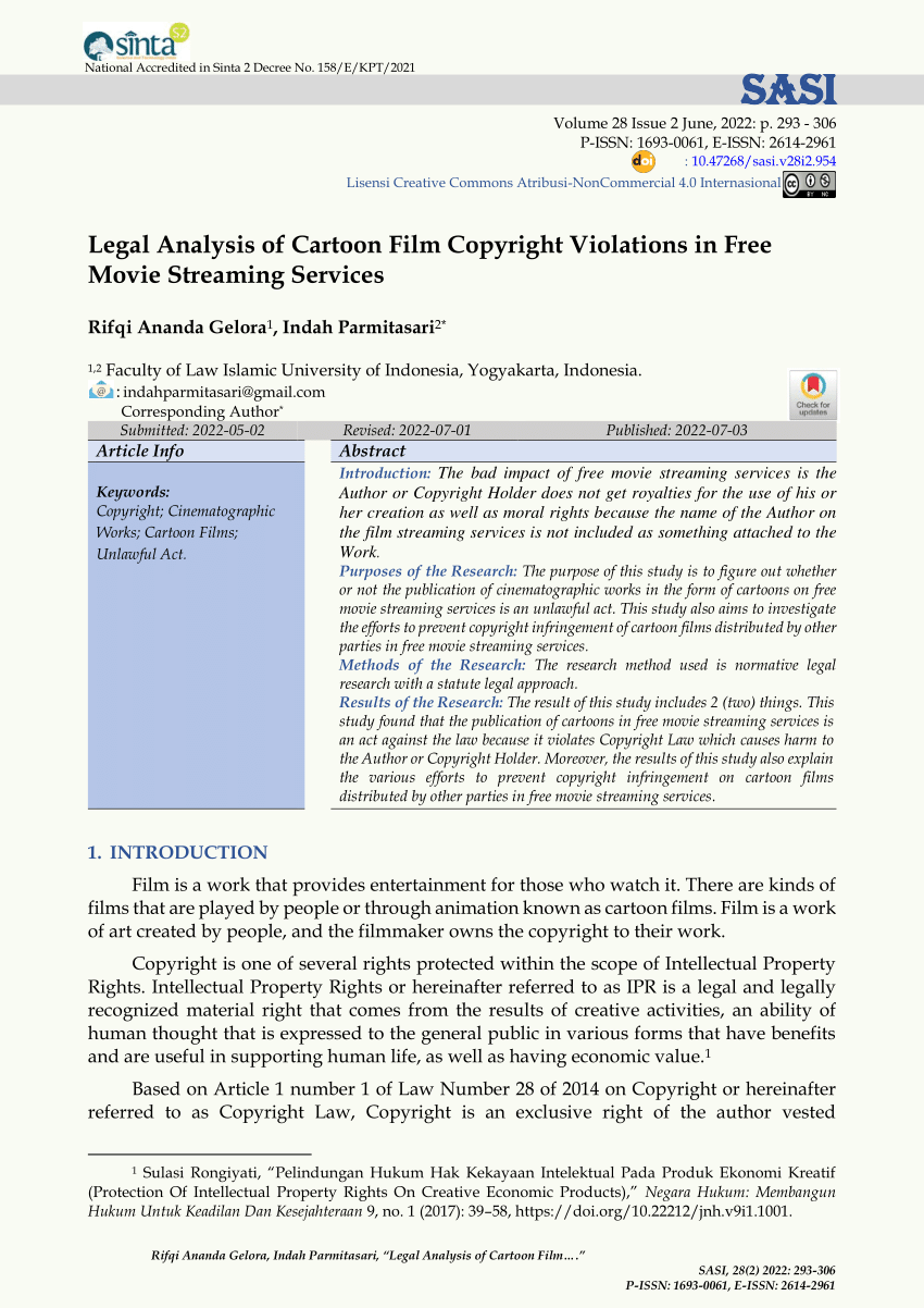 PDF) Legal Analysis of Cartoon Film Copyright Violations in Free Movie  Streaming Services